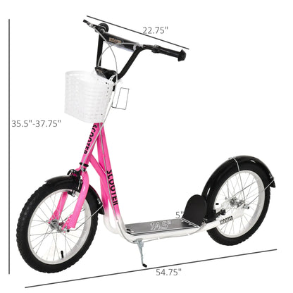 Kids Kick Scooter, Adjustable Handlebar, 2 Brakes, Basket, 16", Pink Scooters at Gallery Canada