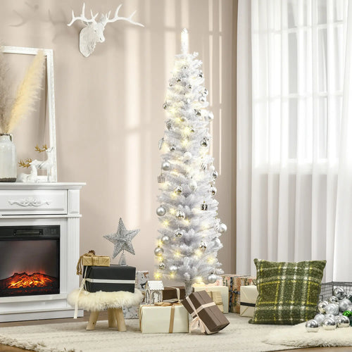 6ft Prelit Pencil Artificial Christmas Tree, 395 Branches, 100 LED Lights, White