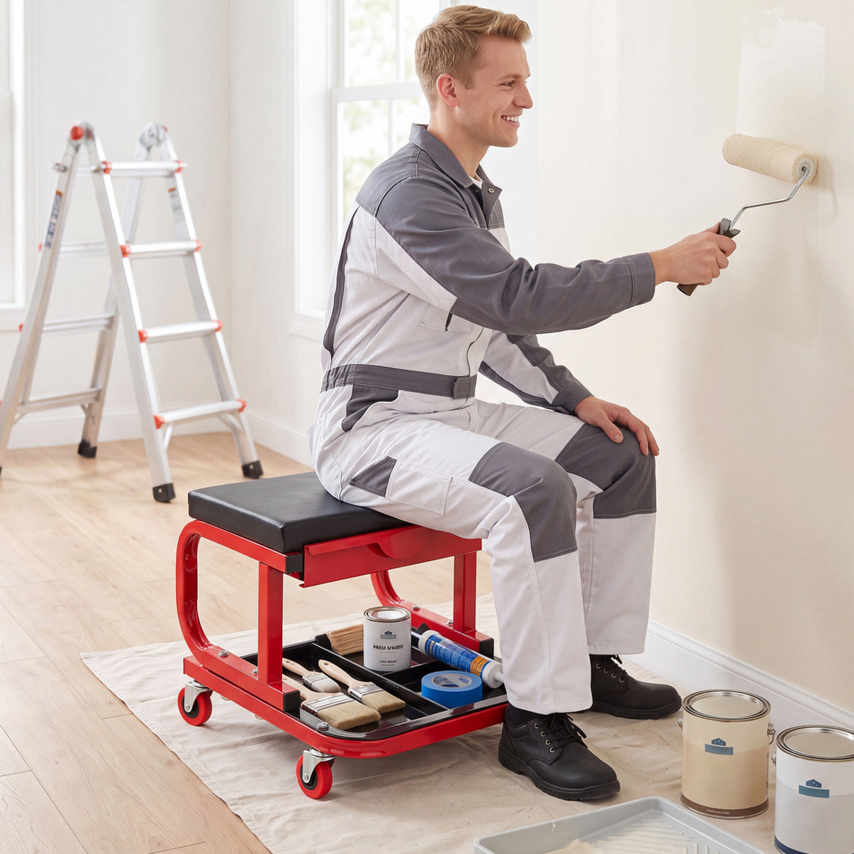 Mechanic Rolling Stool with Tool Trays, Magnetic Drawer, Red Garages at Gallery Canada
