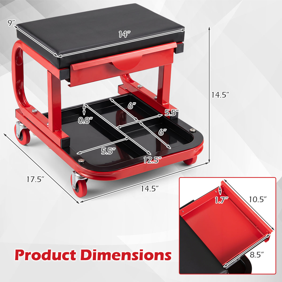 Mechanic Rolling Stool with Tool Trays, Magnetic Drawer, Red Garages at Gallery Canada