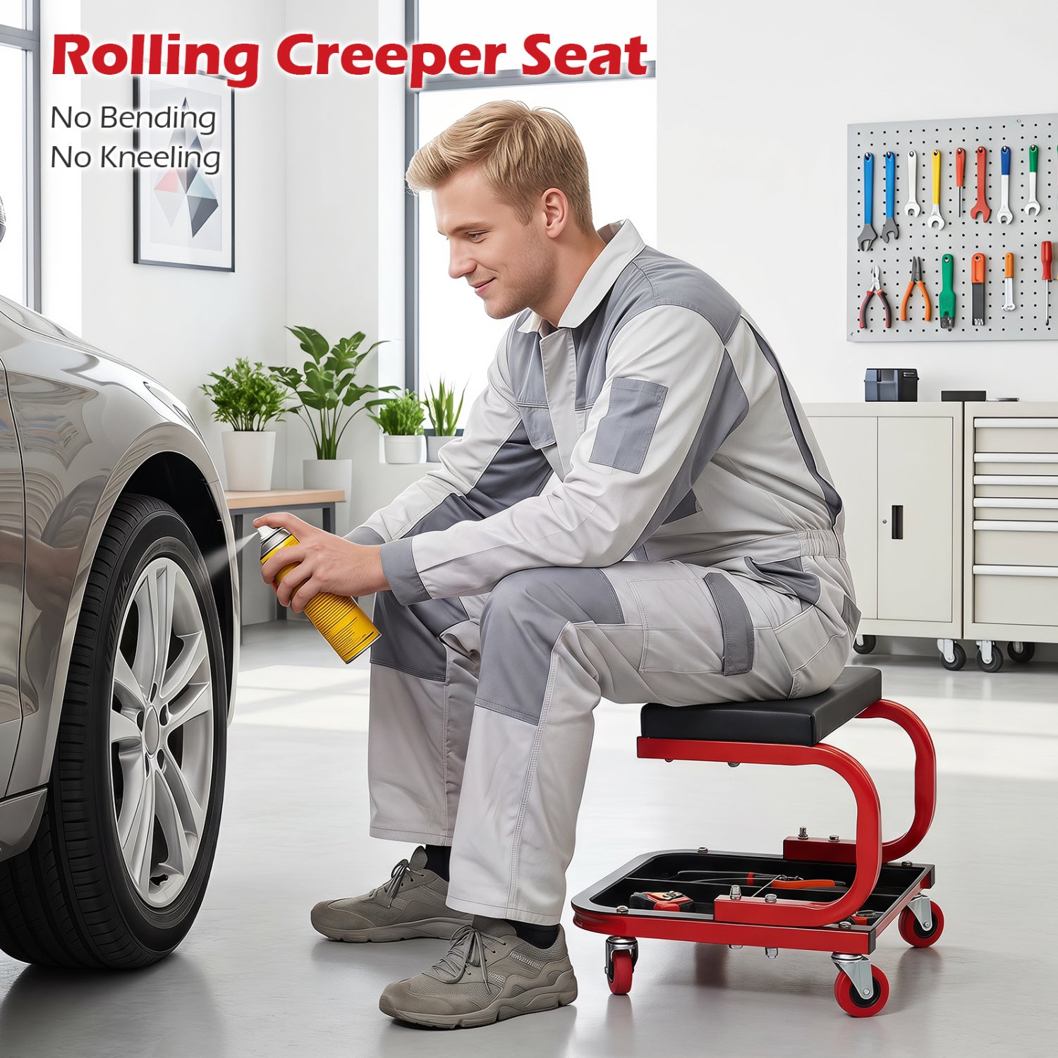 Mechanic Rolling Stool with Tool Trays, Magnetic Drawer, Red Garages at Gallery Canada