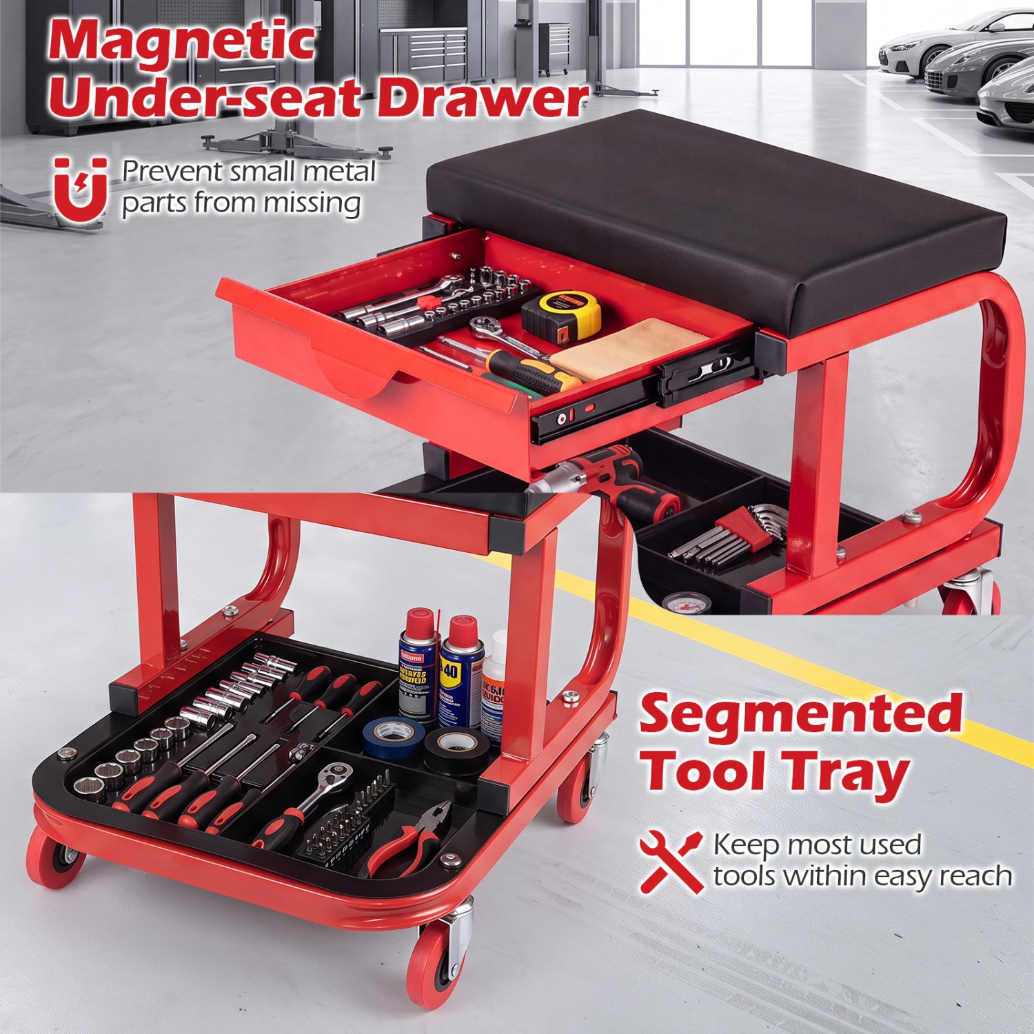 Mechanic Rolling Stool with Tool Trays, Magnetic Drawer, Red Garages at Gallery Canada