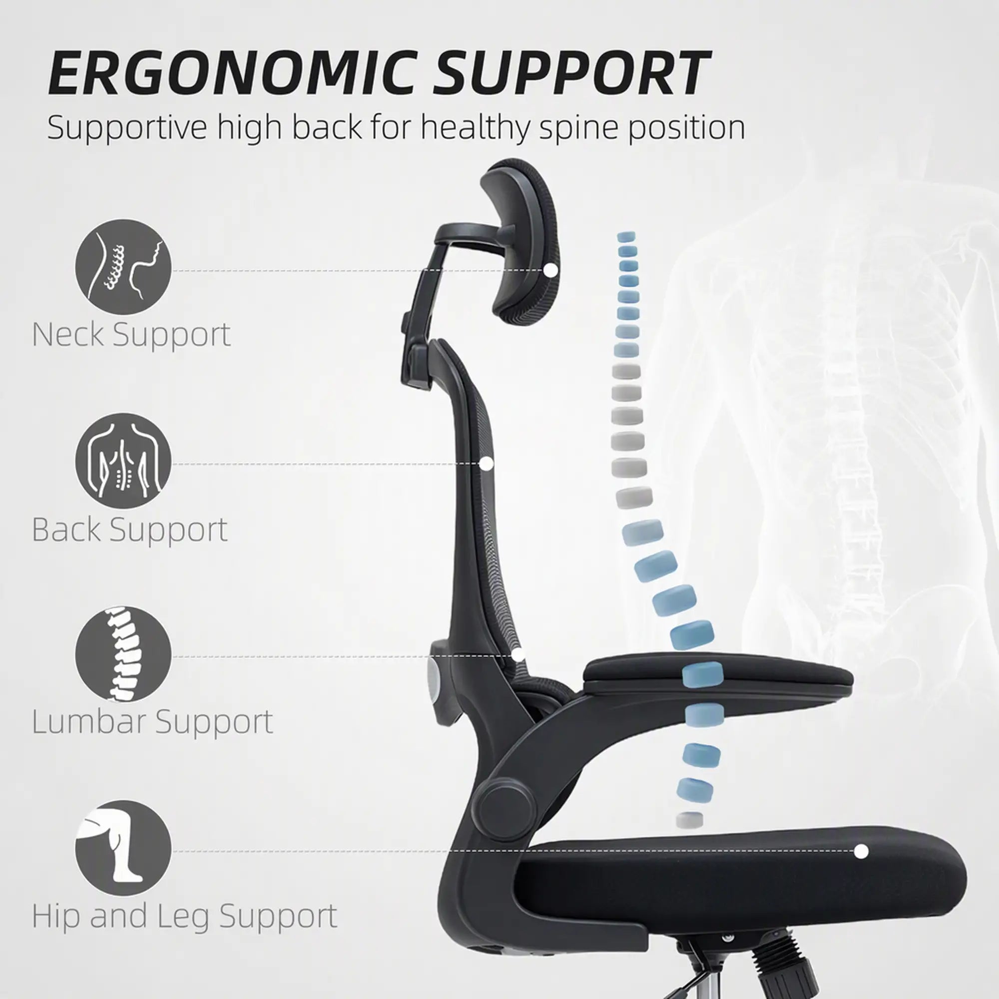 Ergonomic Mesh Office Chair, High Back, Rotatable Headrest, Flip Up Armrests, Lumbar Support, Black Task Chairs at Gallery Canada