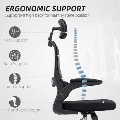 Ergonomic Mesh Office Chair, High Back, Rotatable Headrest, Flip Up Armrests, Lumbar Support, Black Task Chairs at Gallery Canada