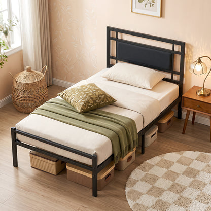Twin Metal Bed Frame, Upholstered Headboard, Black