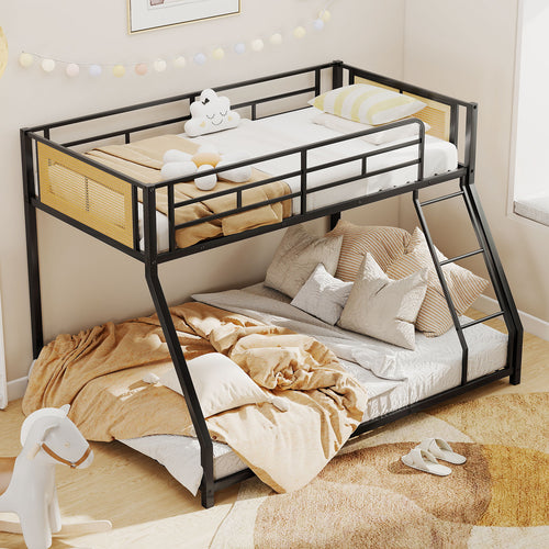 Metal Bunk Bed, Twin Over Full Size, Full Guardrail, Ramp Ladder, Black