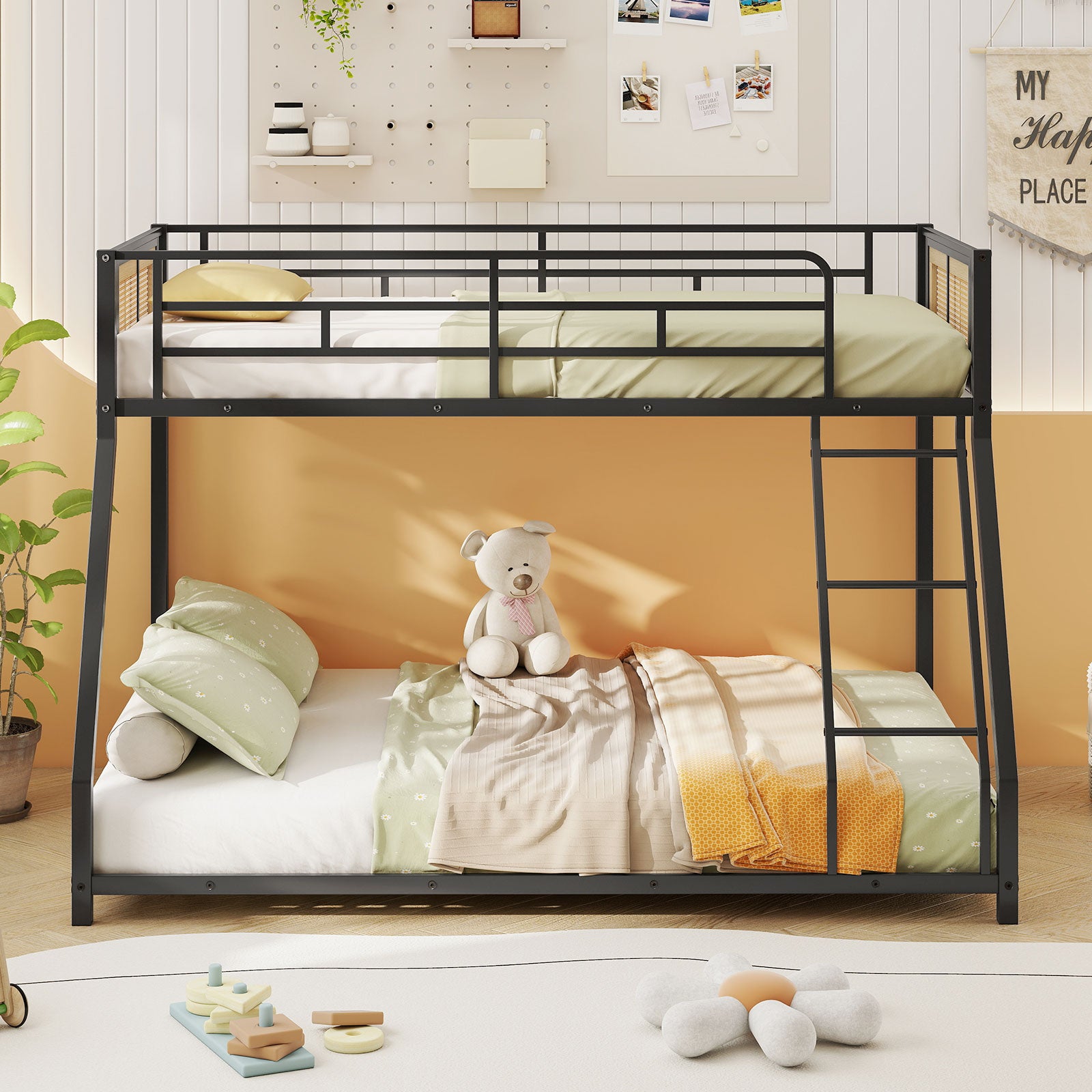 Metal Bunk Bed, Twin Over Full Size, Full Guardrail, Ramp Ladder, Black Toddler Beds at Gallery Canada