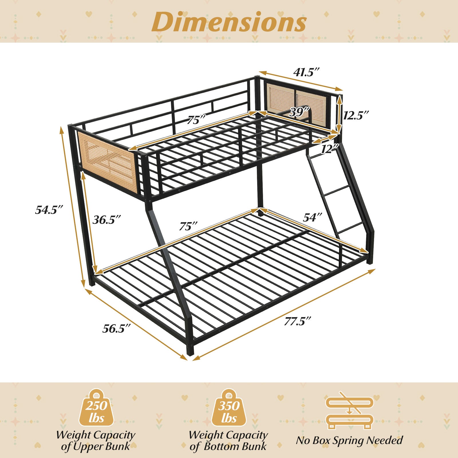 Metal Bunk Bed, Twin Over Full Size, Full Guardrail, Ramp Ladder, Black Toddler Beds at Gallery Canada