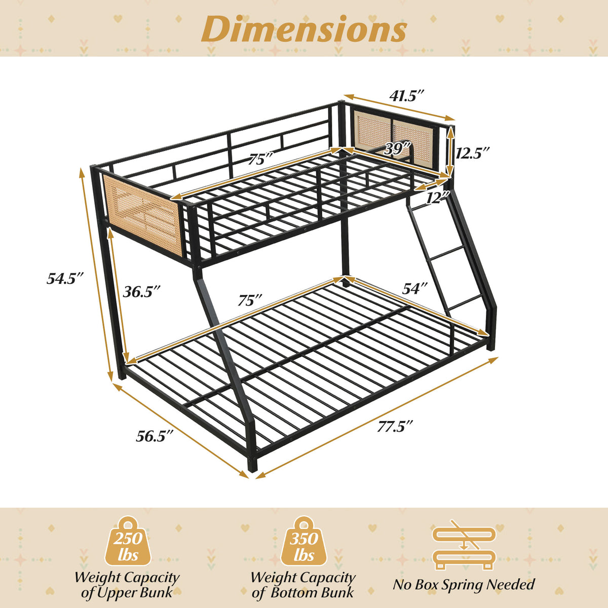 Metal Bunk Bed, Twin Over Full Size, Full Guardrail, Ramp Ladder, Black Toddler Beds at Gallery Canada