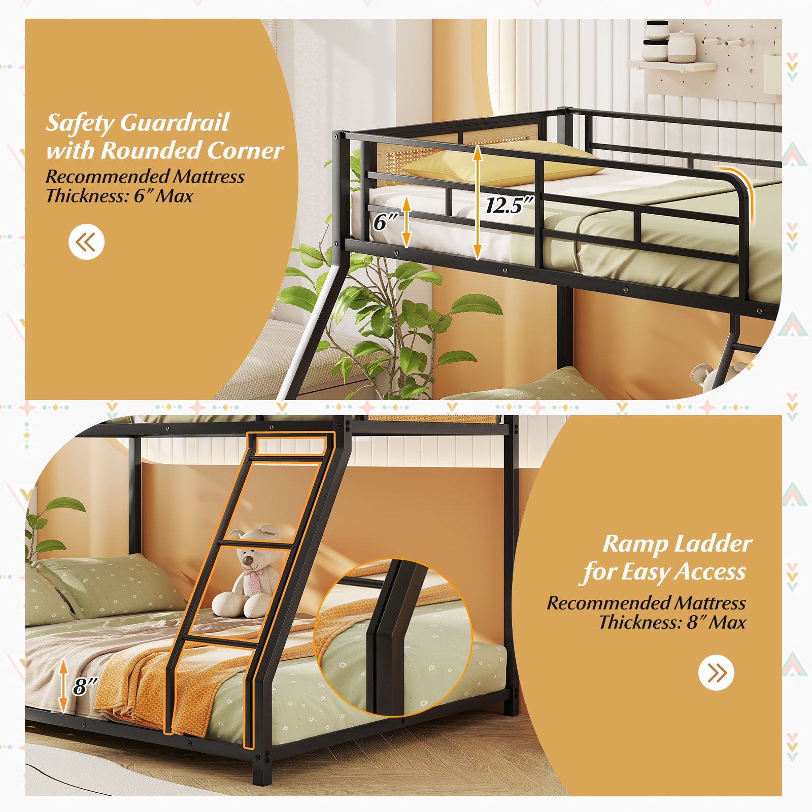 Metal Bunk Bed, Twin Over Full Size, Full Guardrail, Ramp Ladder, Black Toddler Beds at Gallery Canada