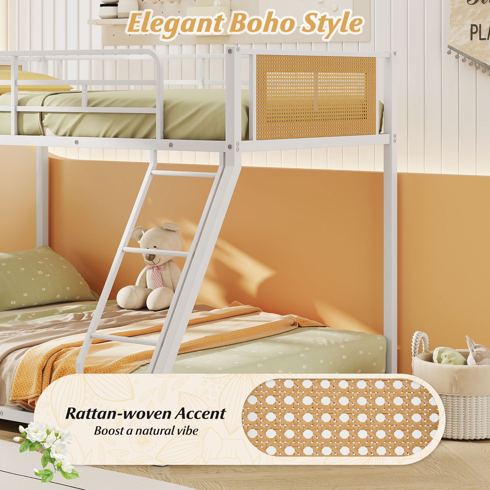 Metal Bunk Bed, Twin Over Full, Full Safety Guardrail, Ramp Ladder, White Toddler Beds at Gallery Canada