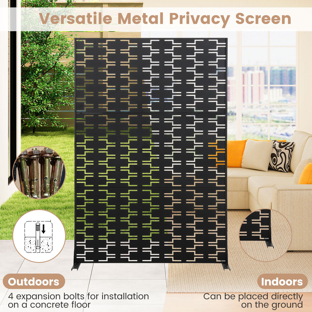 Metal Privacy Screen, 72 x 48 Inch, Freestanding Fence Panel, Black Room Dividers at Gallery Canada