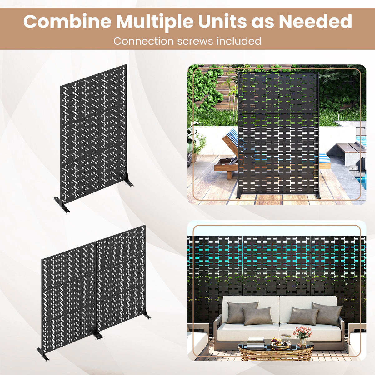 Metal Privacy Screen, 72 x 48 Inch, Freestanding Fence Panel, Black Room Dividers at Gallery Canada