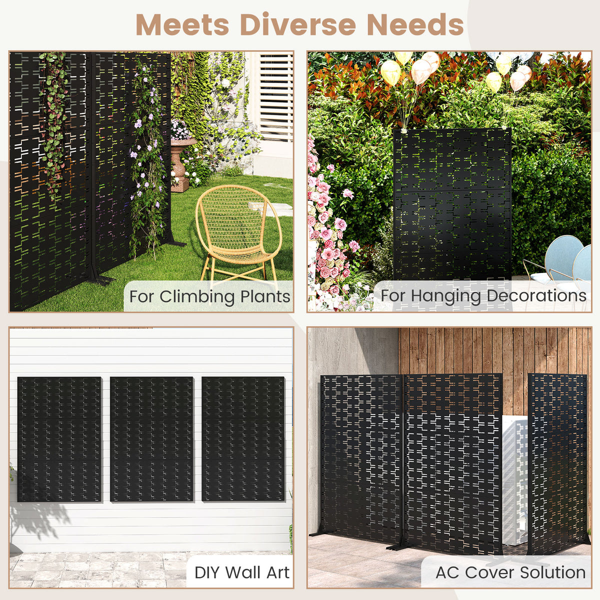 Metal Privacy Screen, 72 x 48 Inch, Freestanding Fence Panel, Black Room Dividers at Gallery Canada