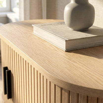 TV Stand for TVs up to 60", Modern Entertainment Center with Curved Sliding Doors, Natural Wood TV Stands at Gallery Canada