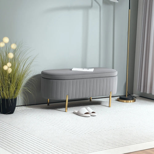 Upholstered Channel Tufted Ottoman Bench, Thick Padding, Metal Legs, Grey