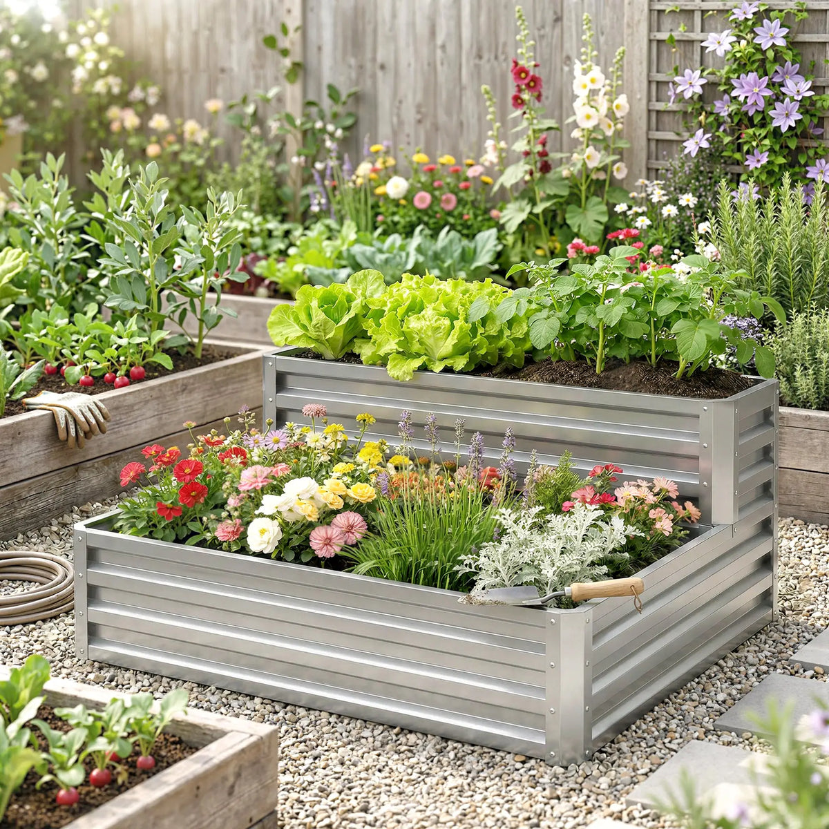 2 Tier Galvanized Raised Garden Bed, Steel Planter Box, 47" x 40" x 23", Silver Galvanized Planter Boxes at Gallery Canada