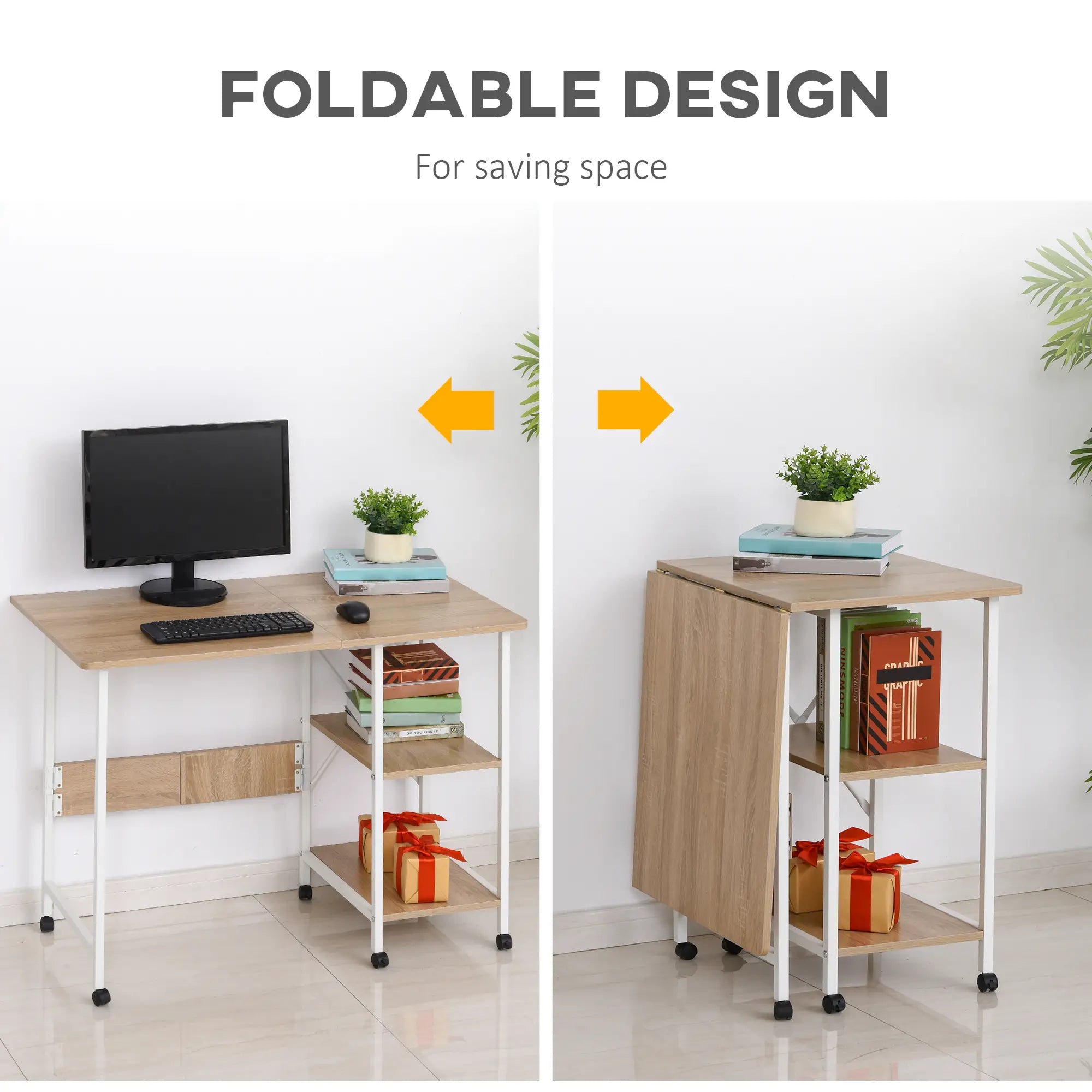 Folding Computer Desk With Storage Shelves, 6 Wheels, Natural Writing Desks at Gallery Canada