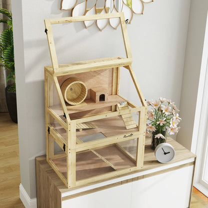 Wooden Hamster Cage, 3 Tier Gerbil Cage, 24" x 16" x 29.5", Hut, Seesaw, Wheel Hamster Cages at Gallery Canada