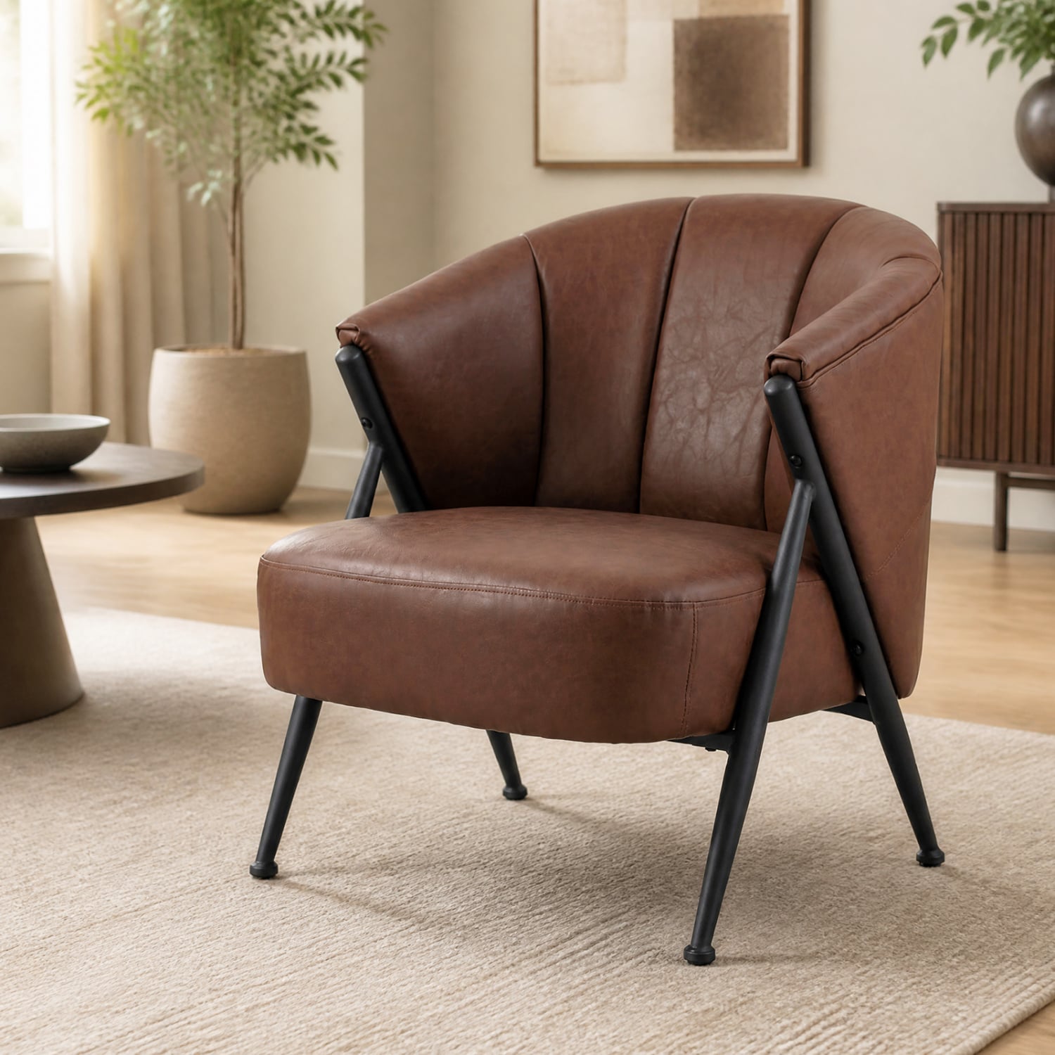 Mid Century Modern Accent Chair, Curved Backrest, Wide Seat, Brown Accent Chairs at Gallery Canada