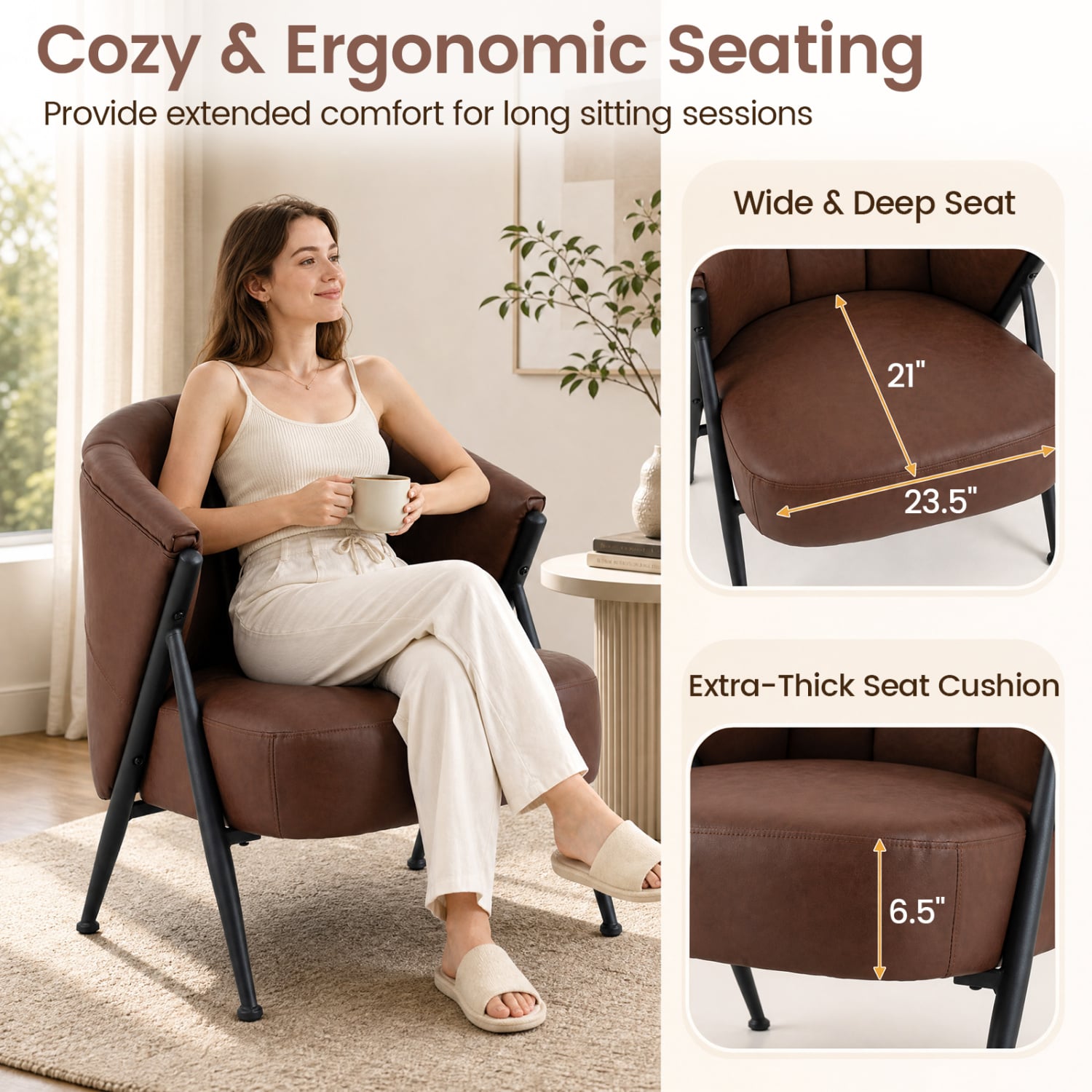 Mid Century Modern Accent Chair, Curved Backrest, Wide Seat, Brown Accent Chairs at Gallery Canada