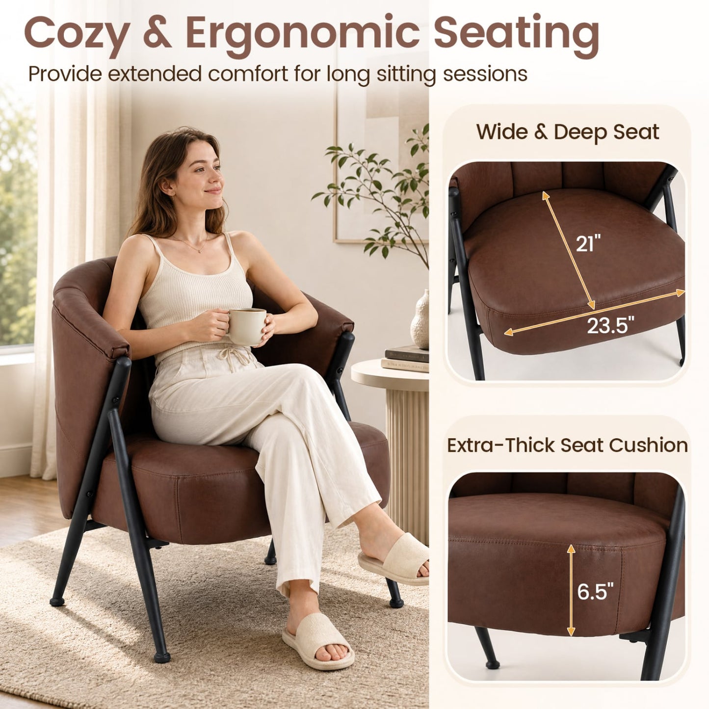 Mid Century Modern Accent Chair, Curved Backrest, Wide Seat, Brown Accent Chairs at Gallery Canada