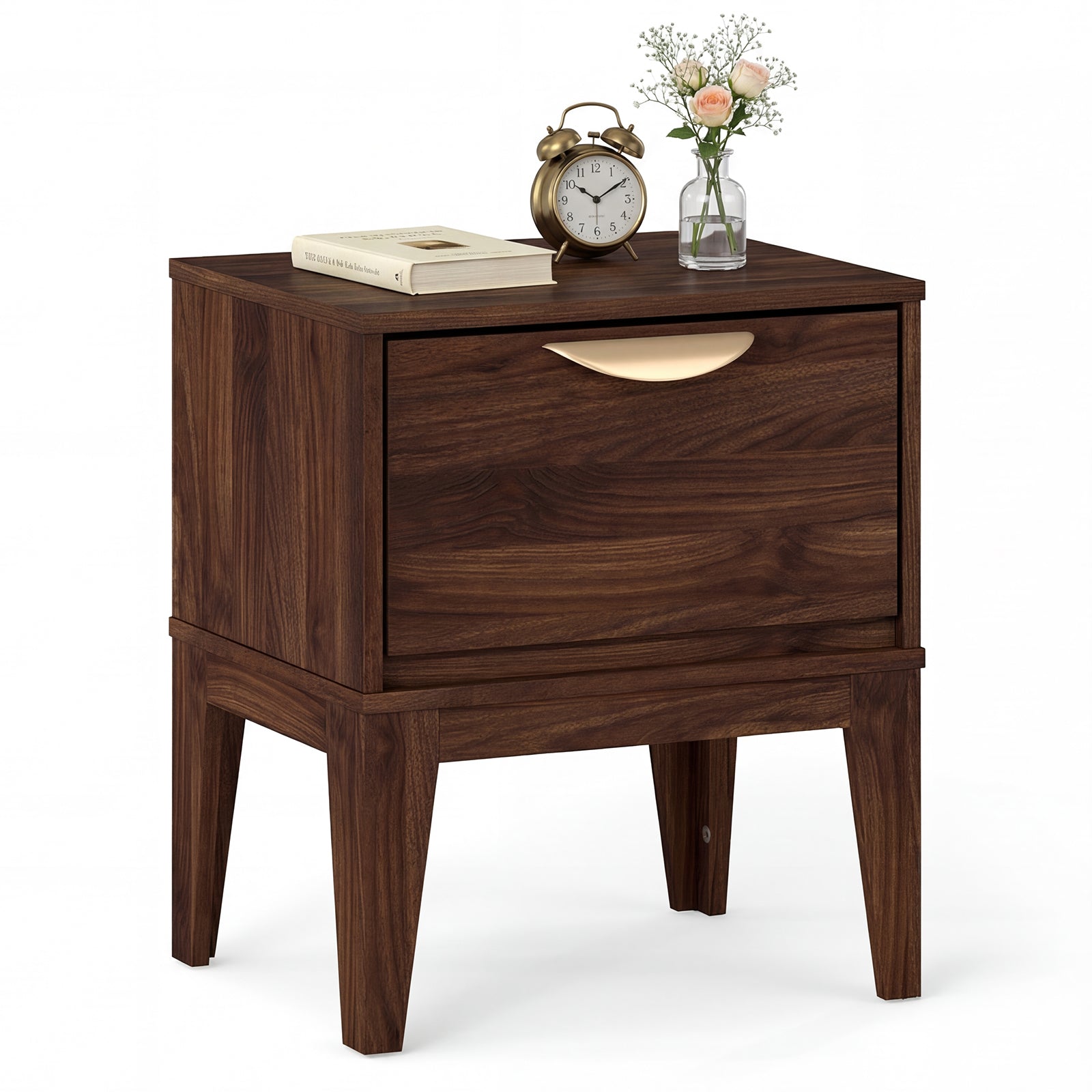 Mid Century Modern Bedside Table, Walnut, With Drawer And Tapered Feet Nightstands at Gallery Canada
