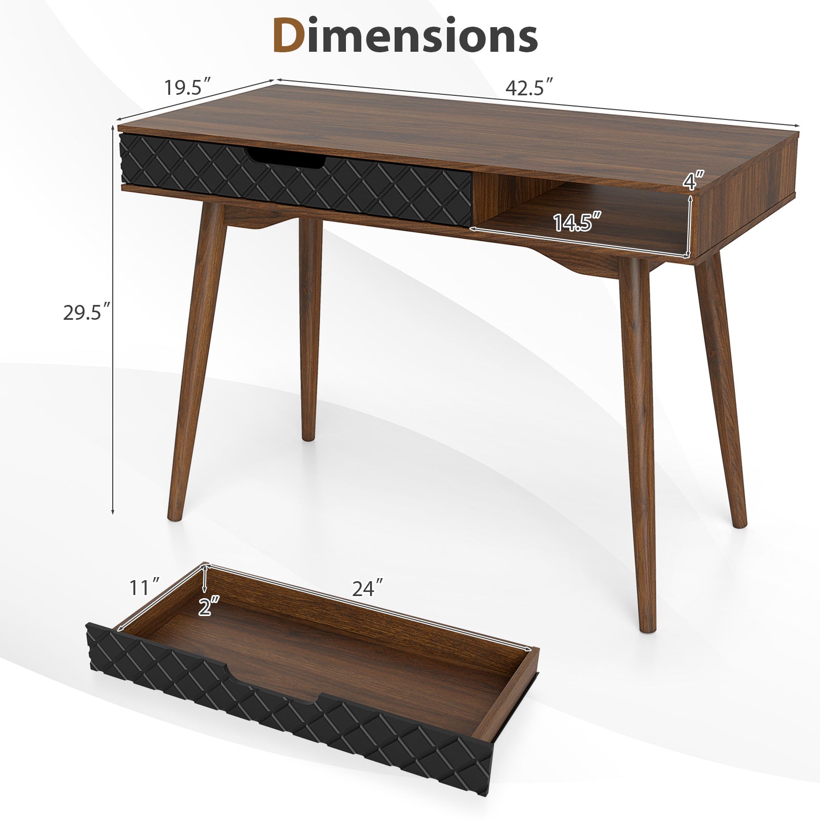 Mid-Century Modern Computer Desk With Drawer, Brown Computer Desks at Gallery Canada