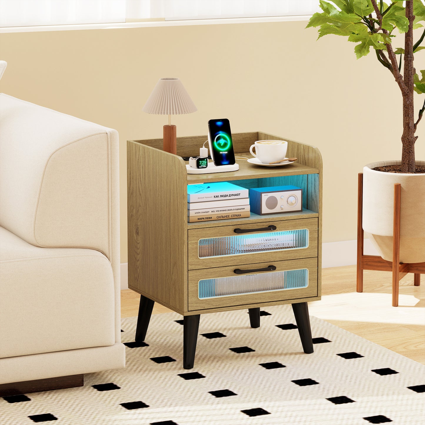 Mid Century Nightstand With Charging Station & LED Lights, Natural Nightstands at Gallery Canada