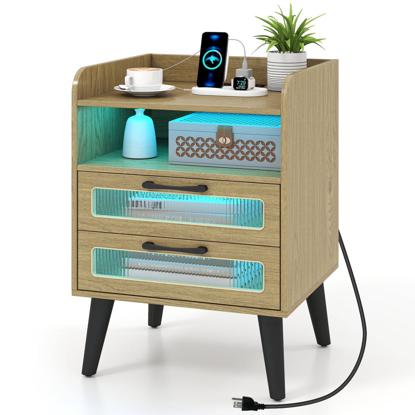 Mid Century Nightstand With Charging Station & LED Lights, Natural Nightstands at Gallery Canada