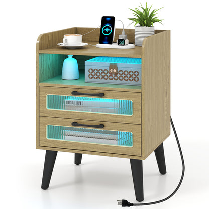 Mid Century Nightstand With Charging Station & LED Lights, Natural Nightstands at Gallery Canada