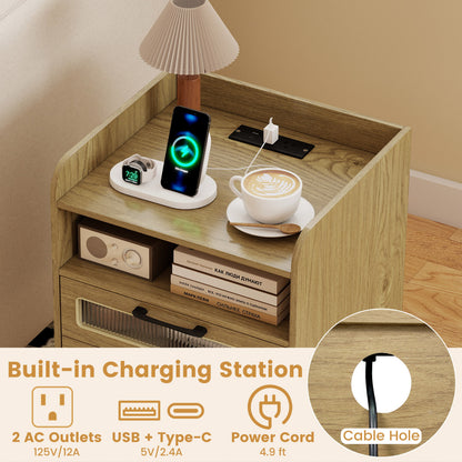 Mid Century Nightstand With Charging Station & LED Lights, Natural Nightstands at Gallery Canada