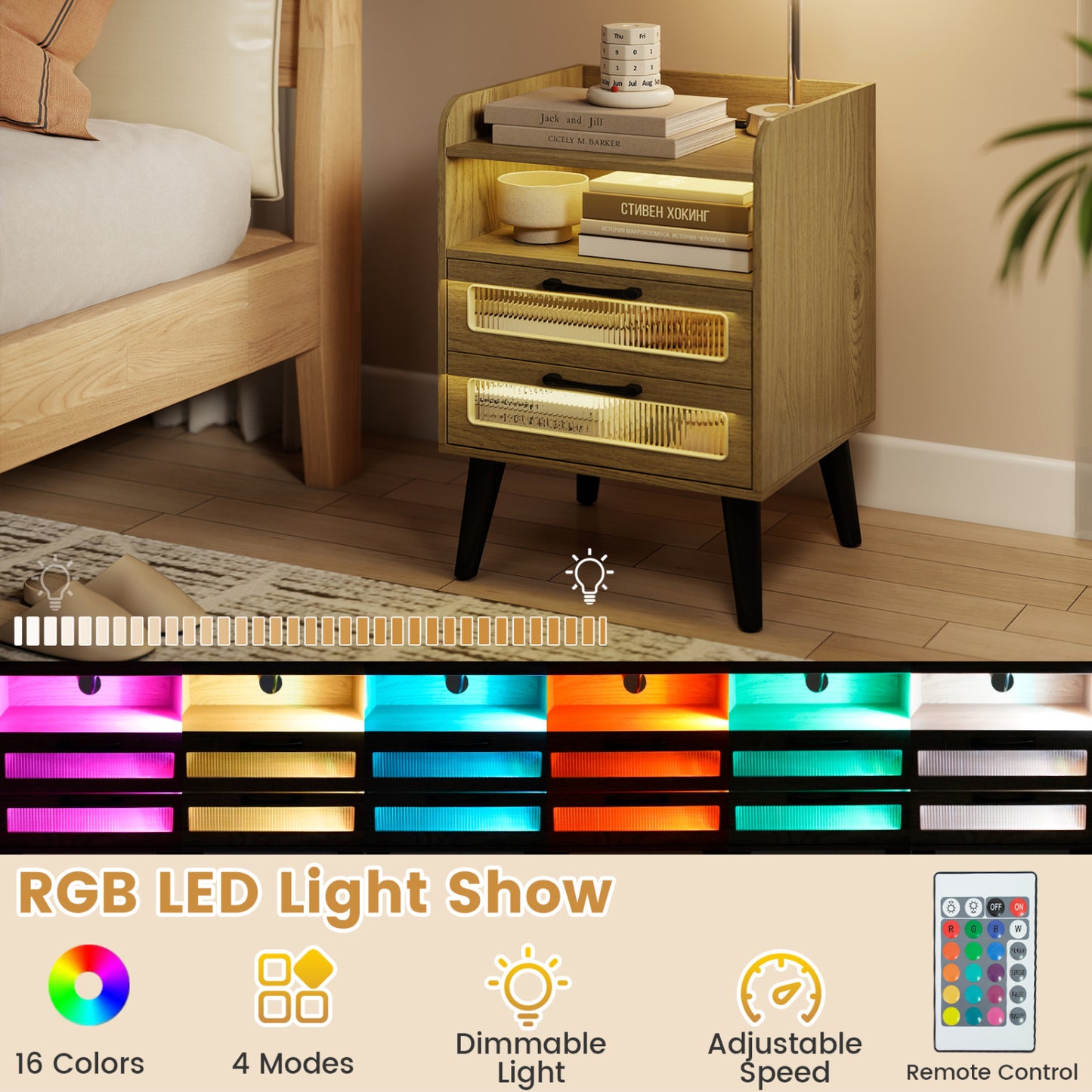 Mid Century Nightstand With Charging Station & LED Lights, Natural Nightstands at Gallery Canada