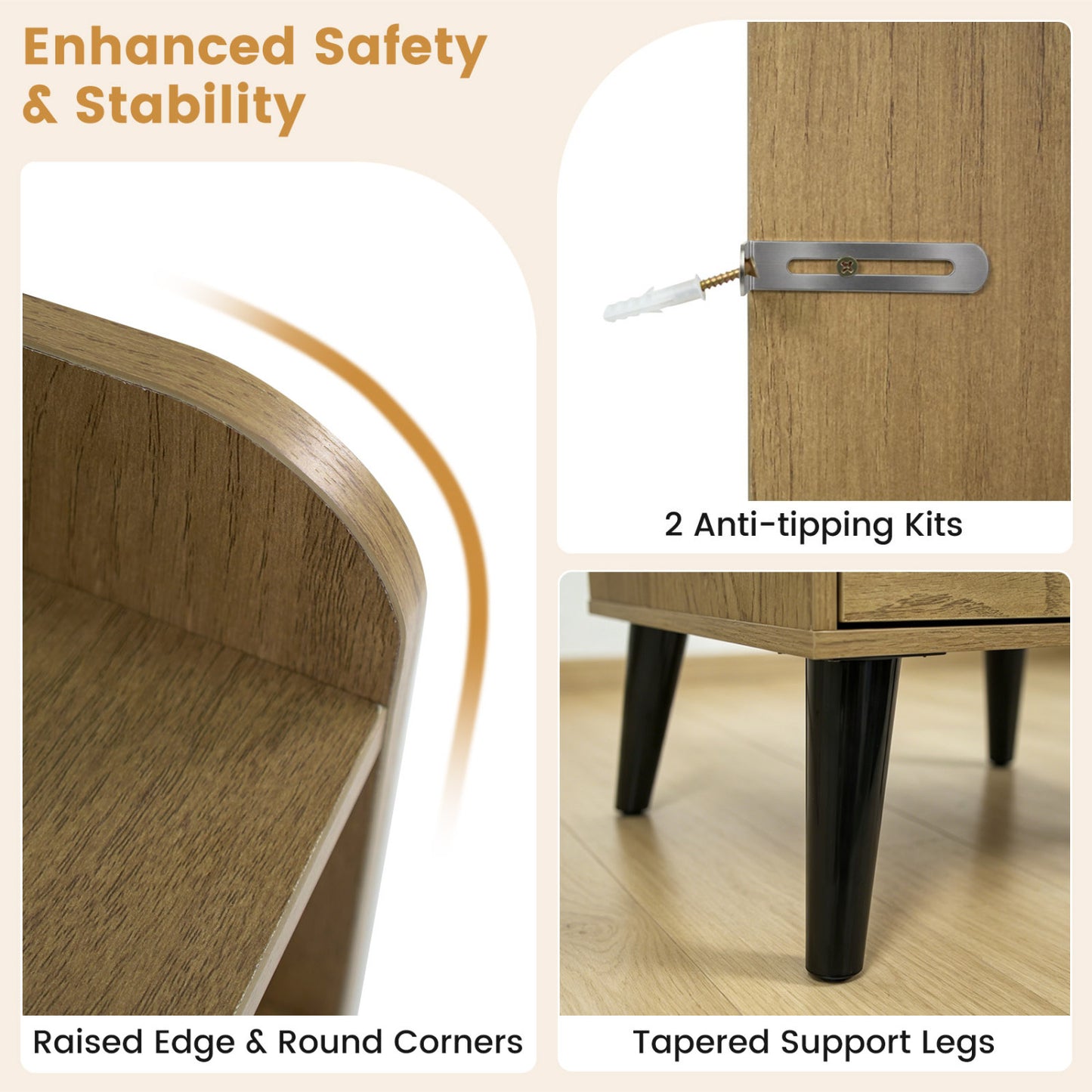 Mid Century Nightstand With Charging Station & LED Lights, Natural Nightstands at Gallery Canada