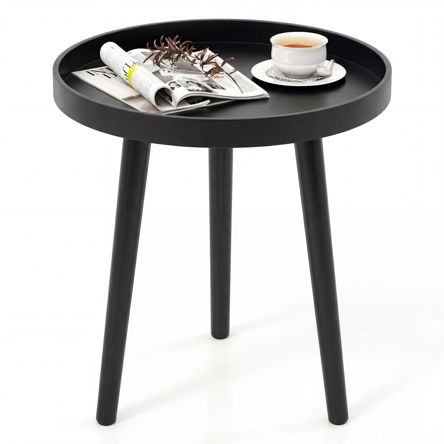 Mid-Century Round Side Table with Wooden Tray, Black Living Room Black at Gallery Canada