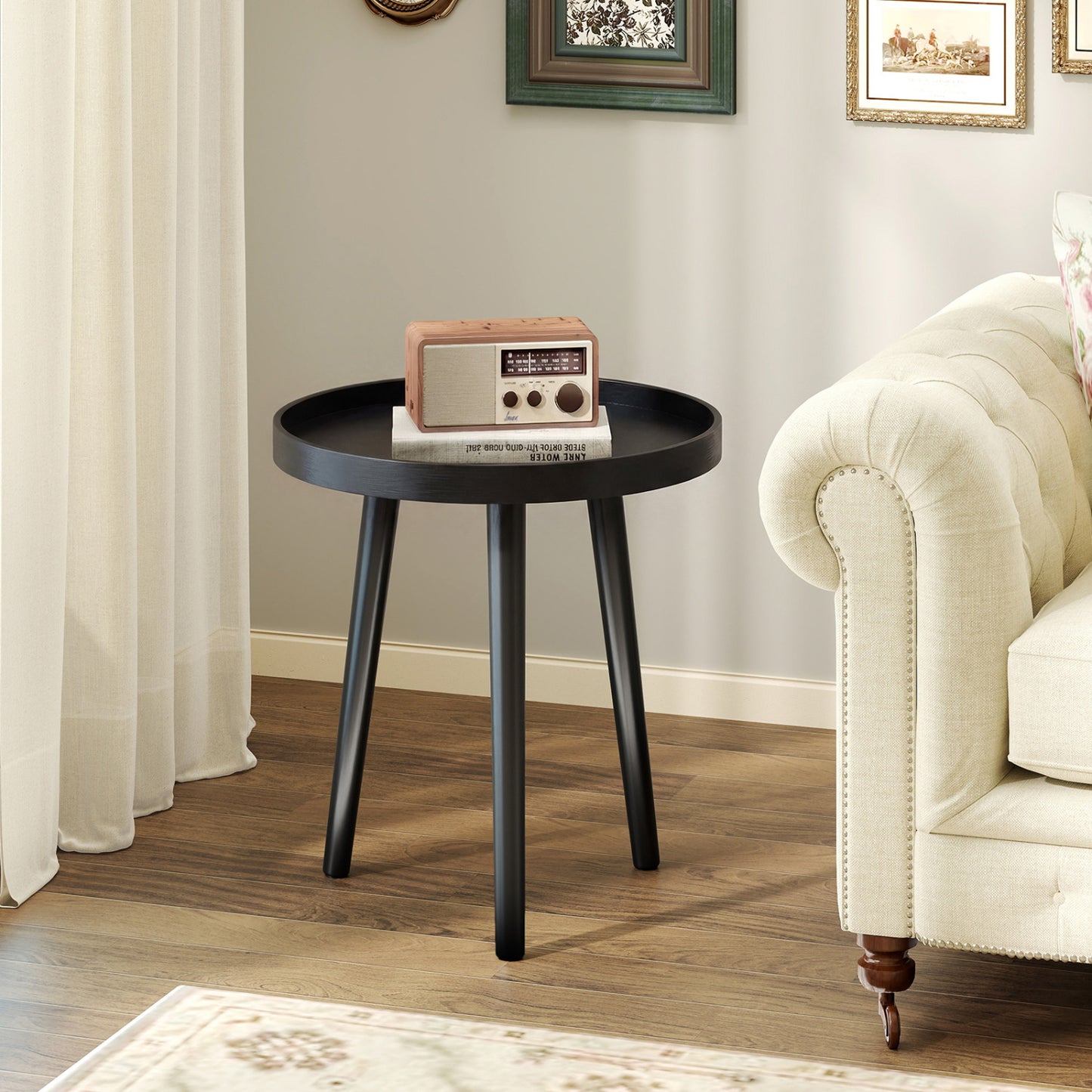 Mid-Century Round Side Table with Wooden Tray, Black Living Room at Gallery Canada