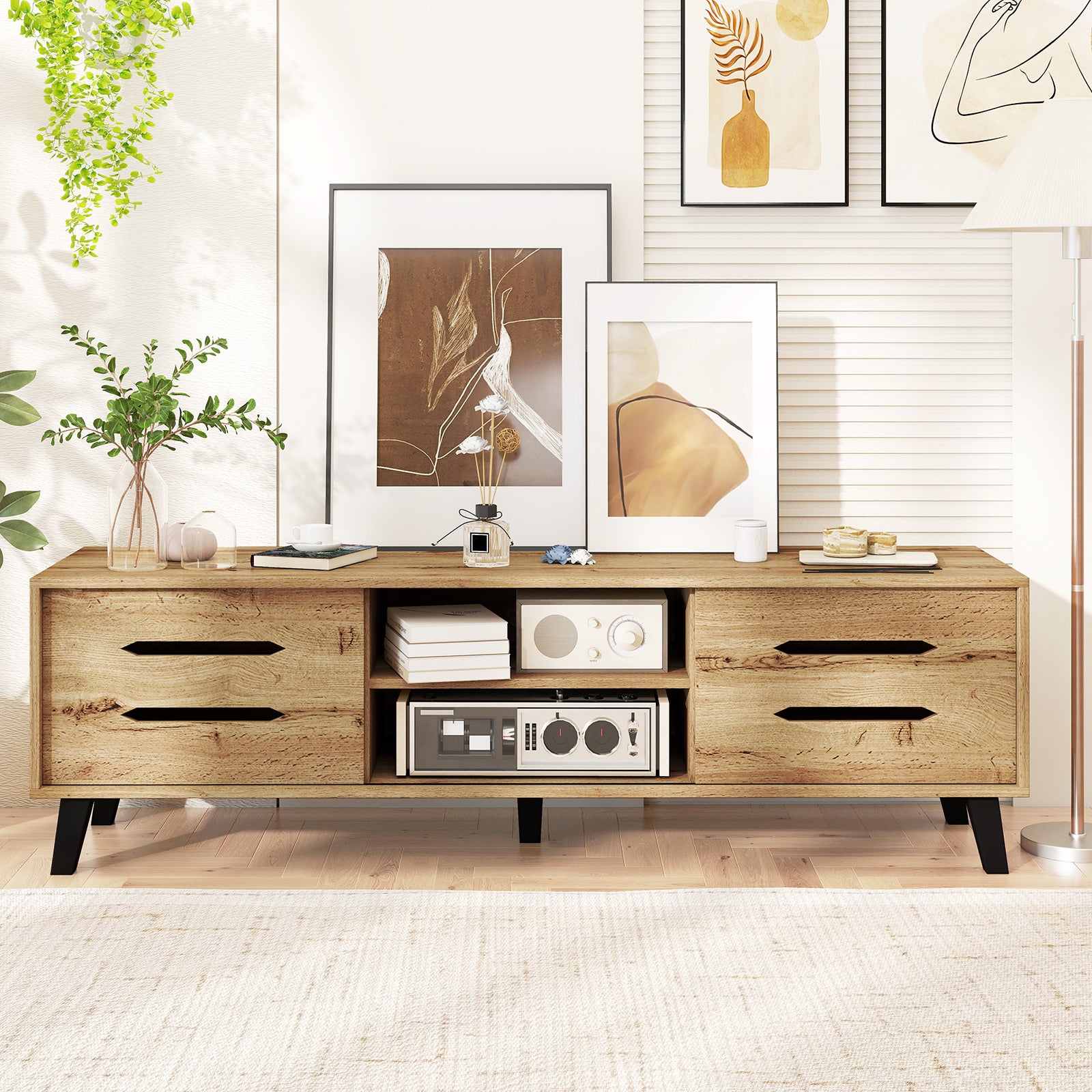 Mid Century Modern TV Stand, Sliding Doors, Cable Hole, 65 Inch, Natural Entertainment Centers & TV Stands at Gallery Canada