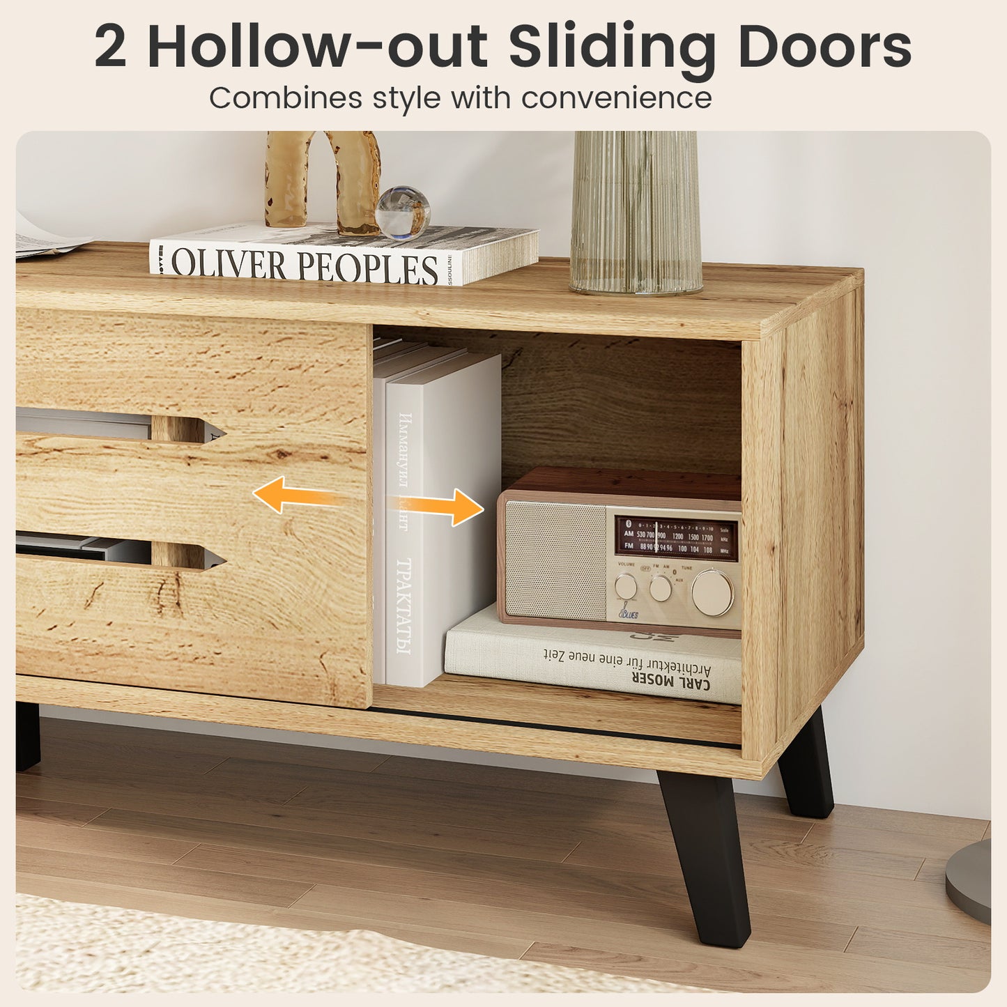 Mid Century Modern TV Stand, Sliding Doors, Cable Hole, 65 Inch, Natural Entertainment Centers & TV Stands at Gallery Canada