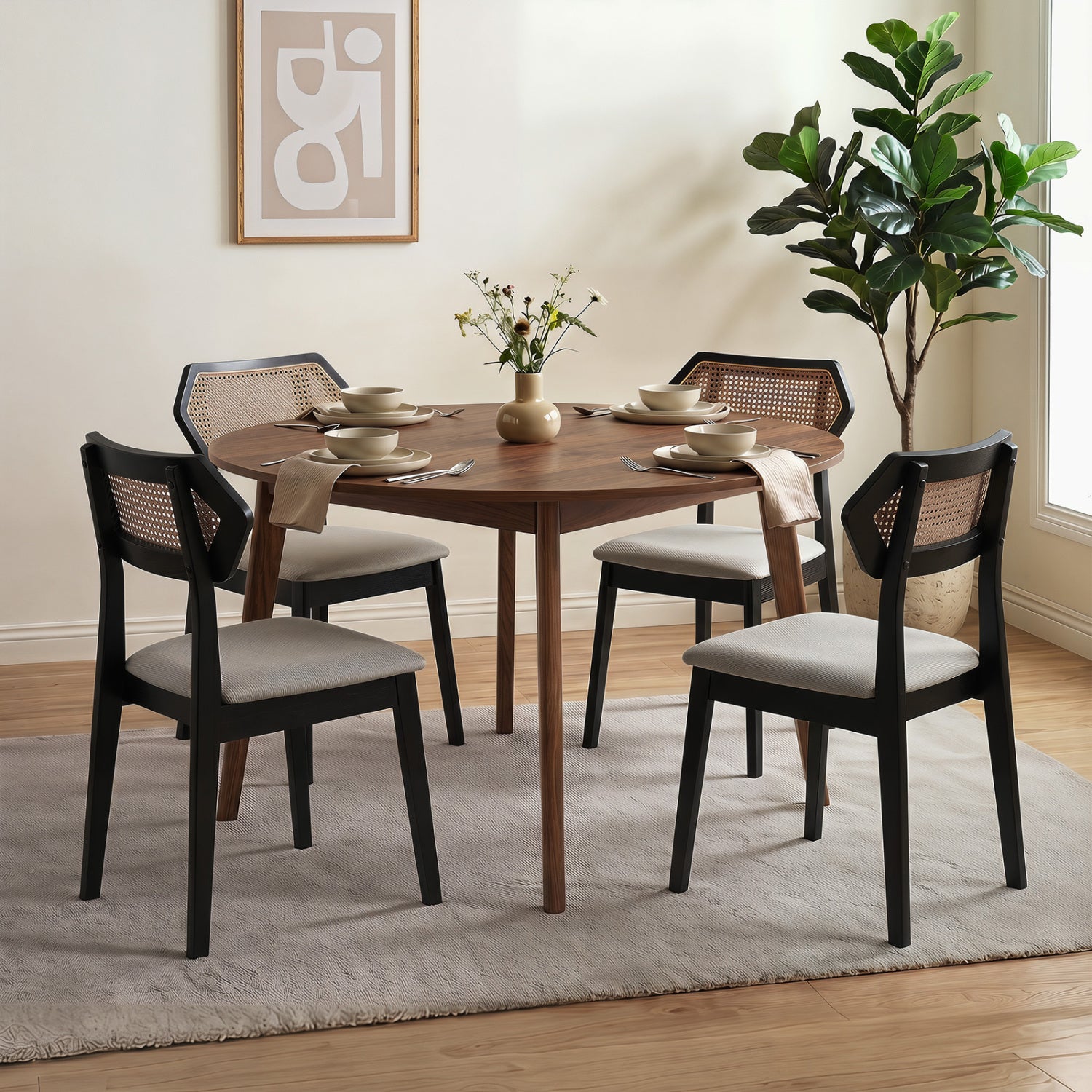 Mid Century Rattan Dining Chairs Set of 4 with Rattan Back, Black Dining Chairs at Gallery Canada
