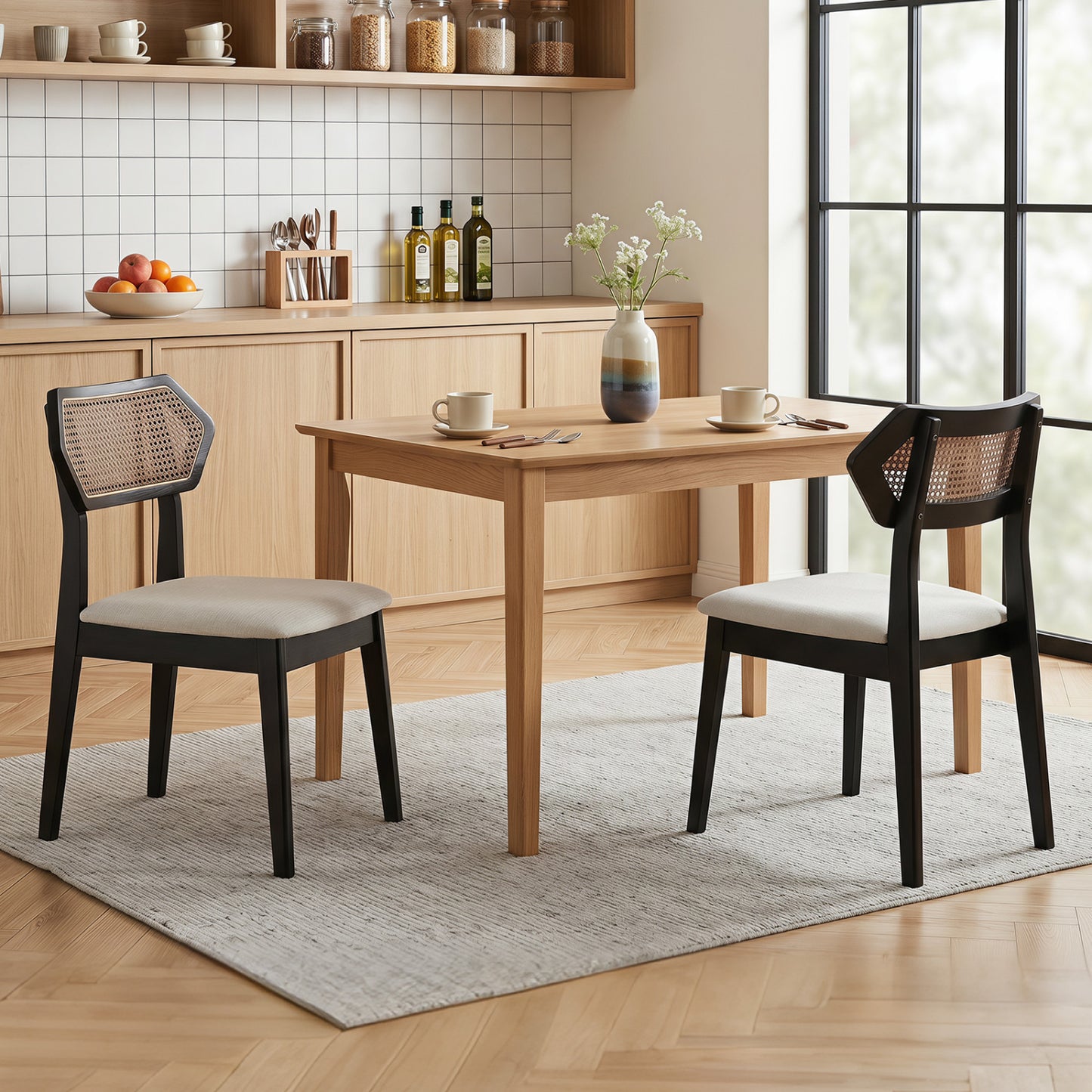 Mid Century Rattan Dining Chairs Set of 4 with Rattan Back, Black Dining Chairs at Gallery Canada
