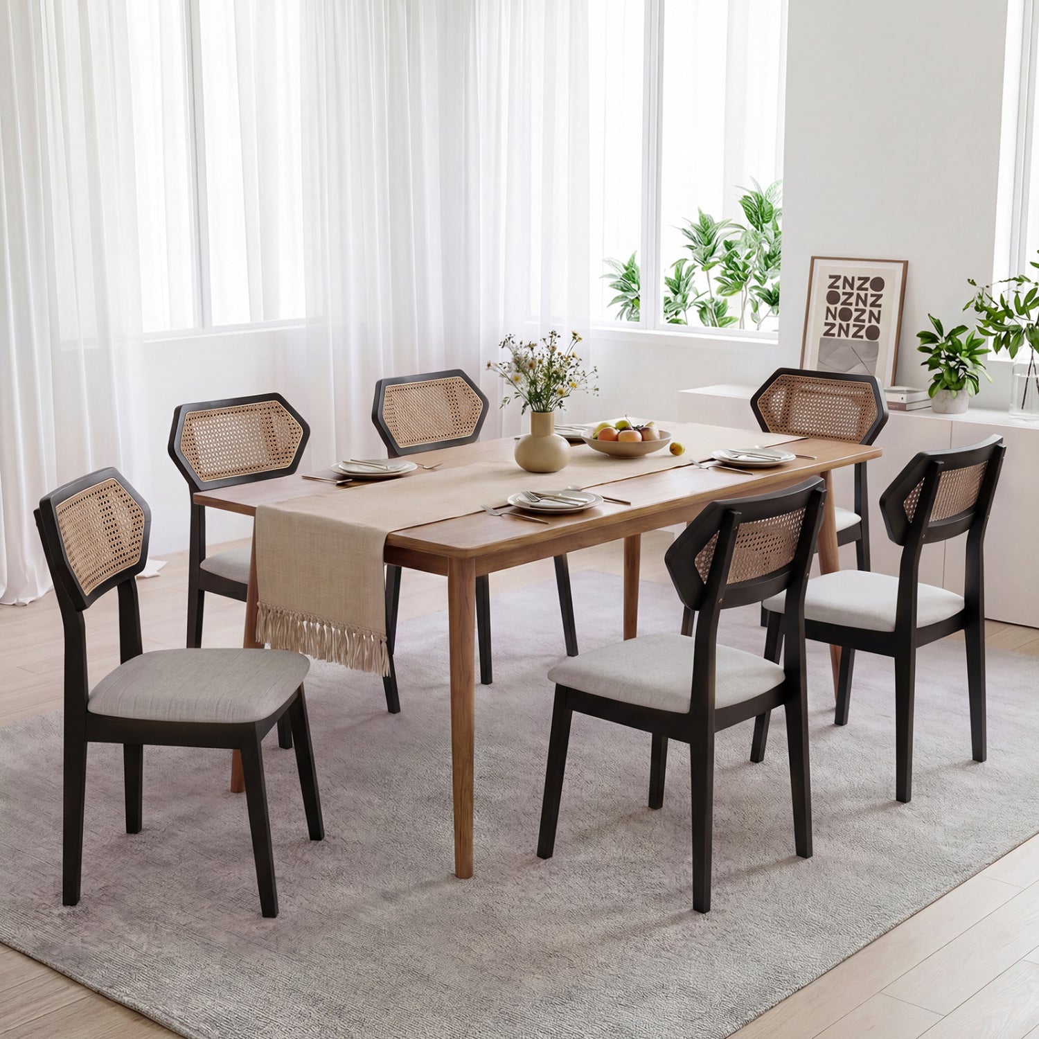 Mid Century Rattan Dining Chairs Set of 4 with Rattan Back, Black Dining Chairs at Gallery Canada