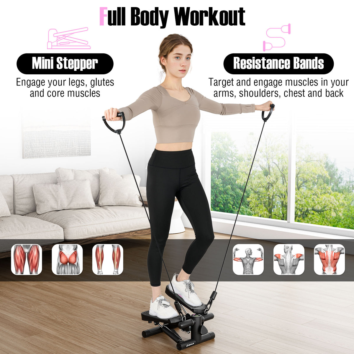 Mini Stepper With Resistance Bands, Adjustable Height, Black Sport Equipments at Gallery Canada