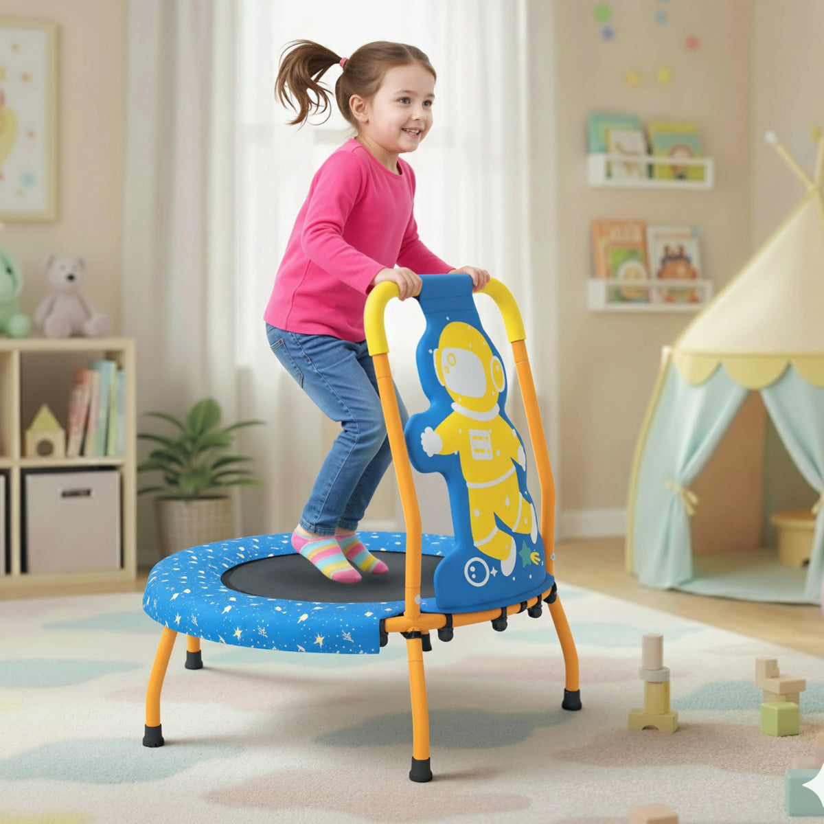 Mini Trampoline For Toddlers, Foam Padded Handle, Safety Cover, Blue Trampolines at Gallery Canada