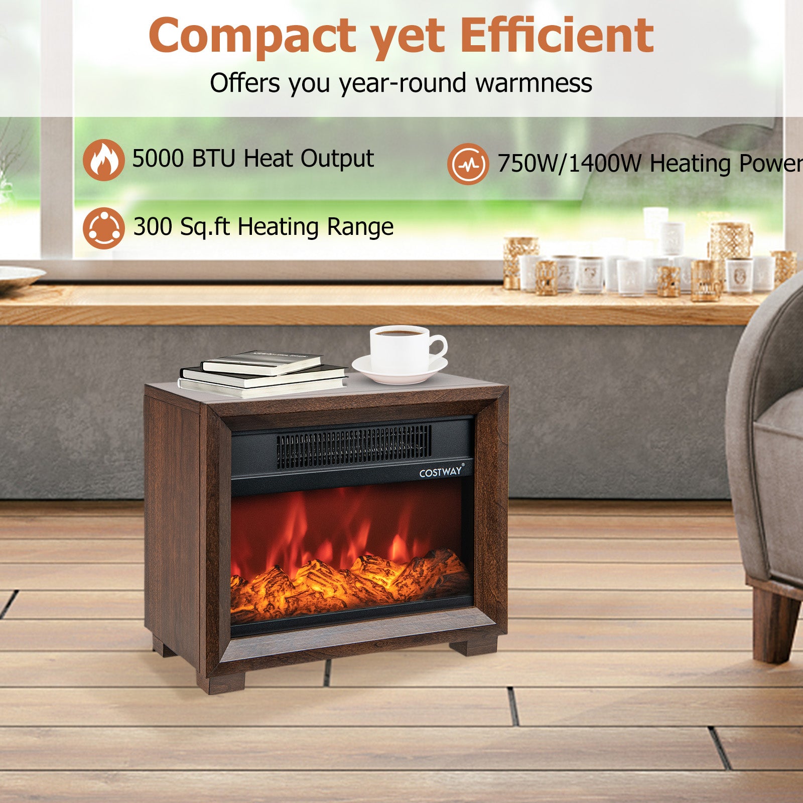 Mini Wooden Tabletop Fireplace, Realistic Flame Effect, Brown Fireplaces at Gallery Canada