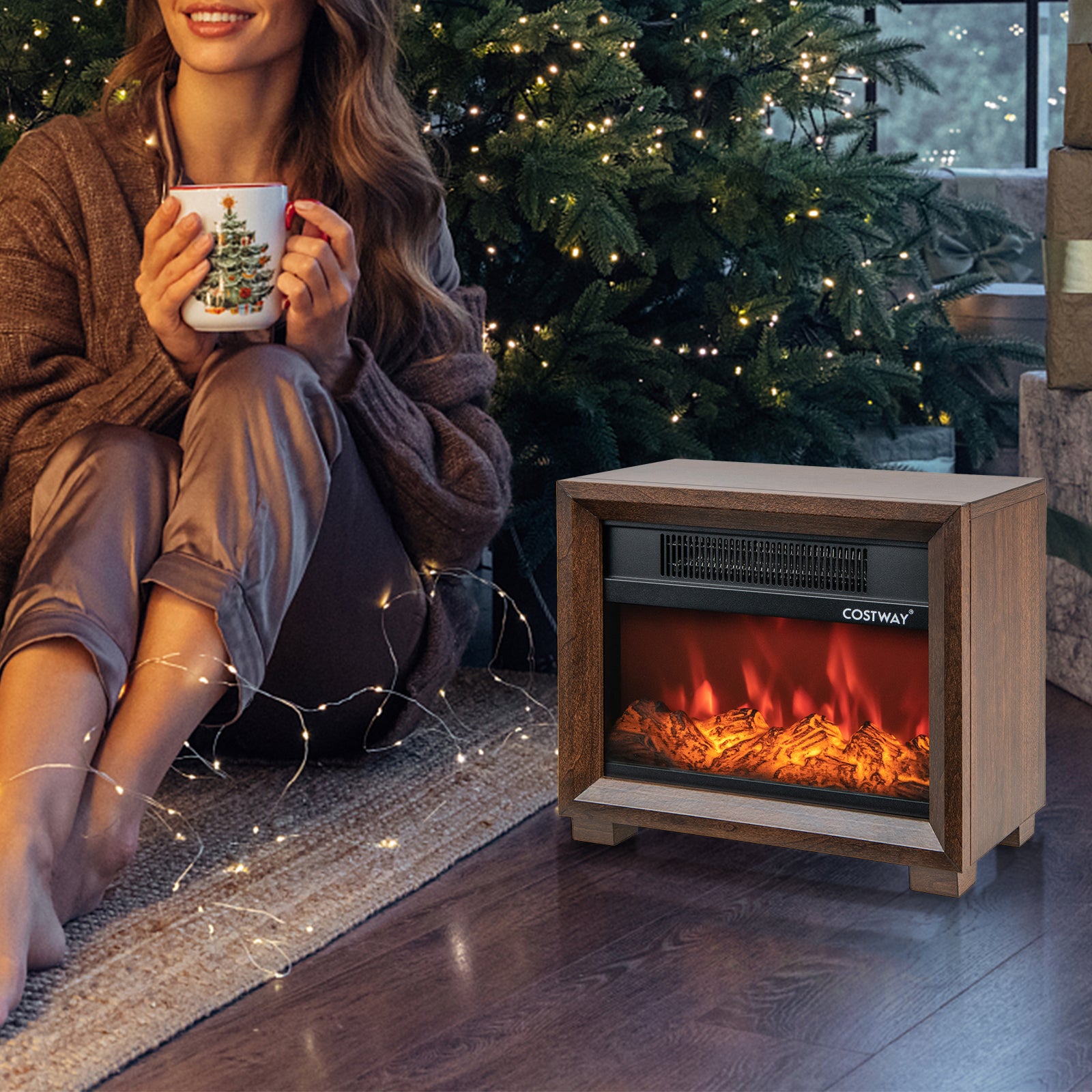 Mini Wooden Tabletop Fireplace, Realistic Flame Effect, Brown Fireplaces at Gallery Canada