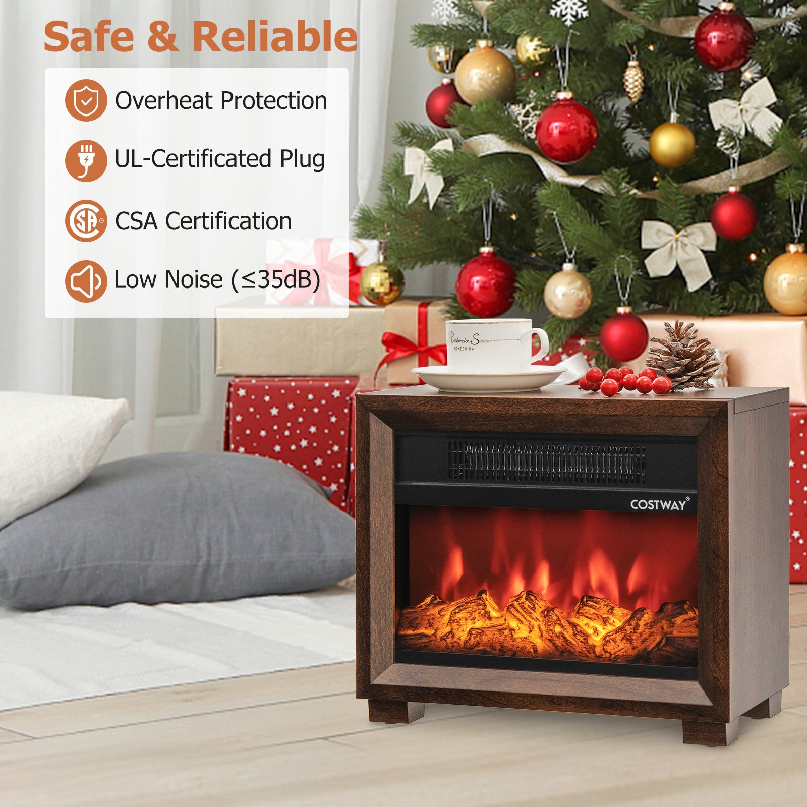 Mini Wooden Tabletop Fireplace, Realistic Flame Effect, Brown Fireplaces at Gallery Canada