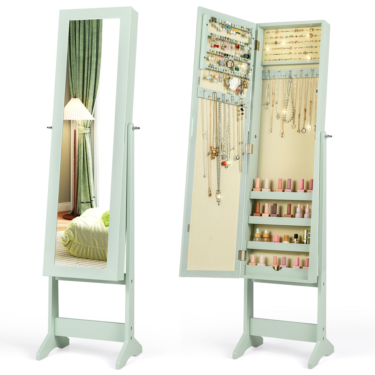 Mirrored Standing Jewelry Cabinet Storage Box, Green Jewelry Armoires Green at Gallery Canada