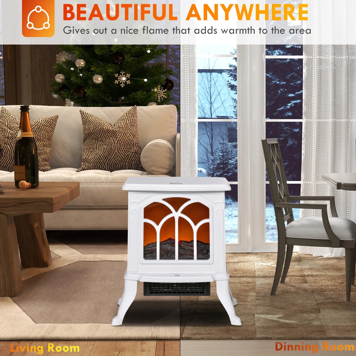 Electric Fireplace Heater, Freestanding, Realistic Flame, Overheat Protection, 750W/1500W, White Electric Fireplaces at Gallery Canada