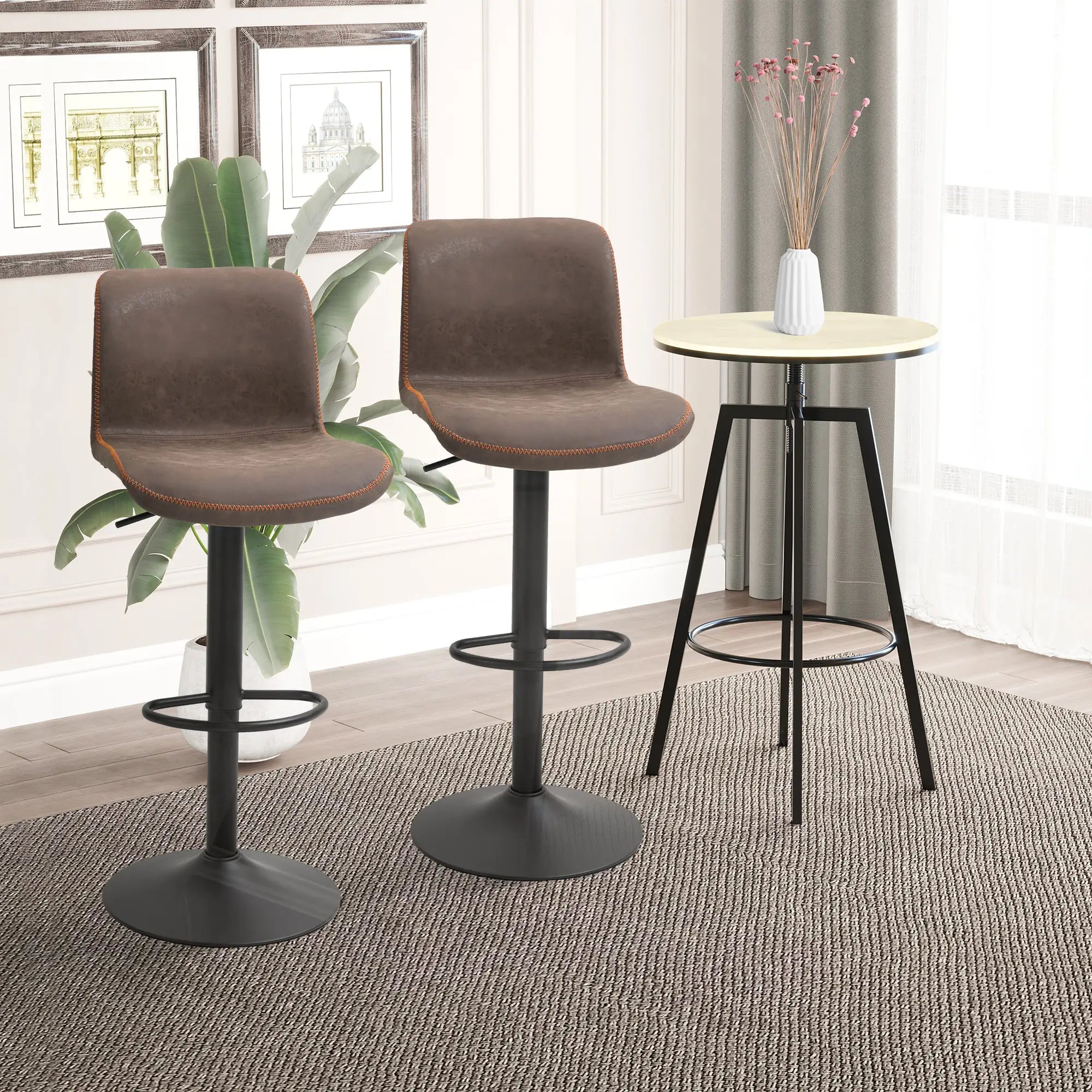 Swivel Bar Stools Set of 2, Adjustable Height, PU Leather, Brown Bar Stools at Gallery Canada