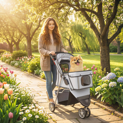 Foldable Dog Stroller, 3 Wheels, Storage Basket, Adjustable Canopy, Grey